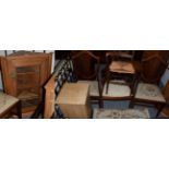 A 19th century pine wall hanging corner cupboard, with four assorted chairs, stool and a pine pot