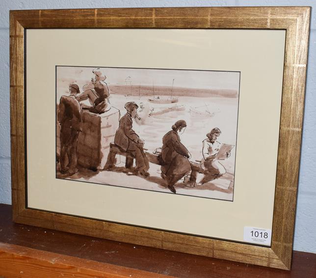 Hyman Segal (b.1914) Figures seated on a harbour wall Monochromatic watercolour, 17.5cm by 28.cm