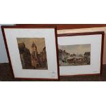J W Milliken Continental market scene Signed watercolour; together with European townscape; a