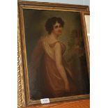 Manner of George Romney Portrait of a beauty, three quarter length, standing before a classical