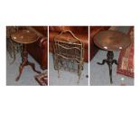 An Edwardian brass and wirework magazine rack; a mahogany circular tilt-top table and a wine