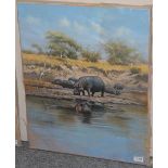 John Seerey-Lester (b.1946) American Hippos Signed, oil on canvas, 62cm by 52cm (unframed) Artist'
