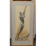 J* Olimba (20th century) Man with canoe Signed and dated (19)67, pencil, 84cm by 33cm Artist's