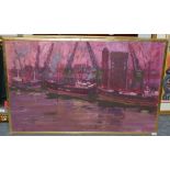 William Selby RSW RWS (b.1933) Dock Scene Signed oil on board, 70cm by 119cm Artist's Resale