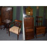 Miscellaneous furniture including a tryptich mirror, a free standing bookcase, an early 20th century