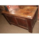 A late 17th century carved and marquetry inlaid oak coffer, 113cm wide