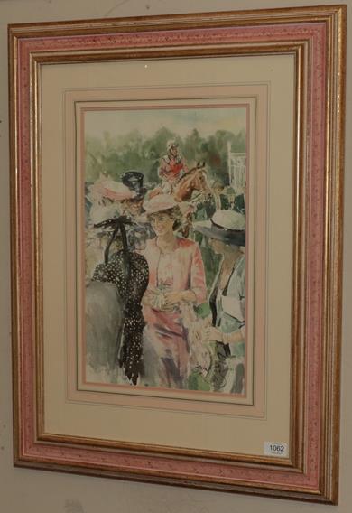 Gordon King (b.1939) Princess Diana at Royal Ascot Signed, watercolour, 46cm by 28cm Provenance: