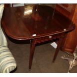 A George III inlaid mahogany Pembroke table, single drawer with square tapered legs to castors, 90cm