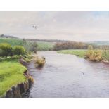 Roger McPhail (b.1953) A Salmon jumping in the River Lune near Hornby Signed, watercolour heightened