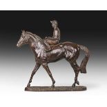 Amy Oxenbould (Contemporary) Racehorse with jockey up Signed and dated 1979, bronze, 36cm high