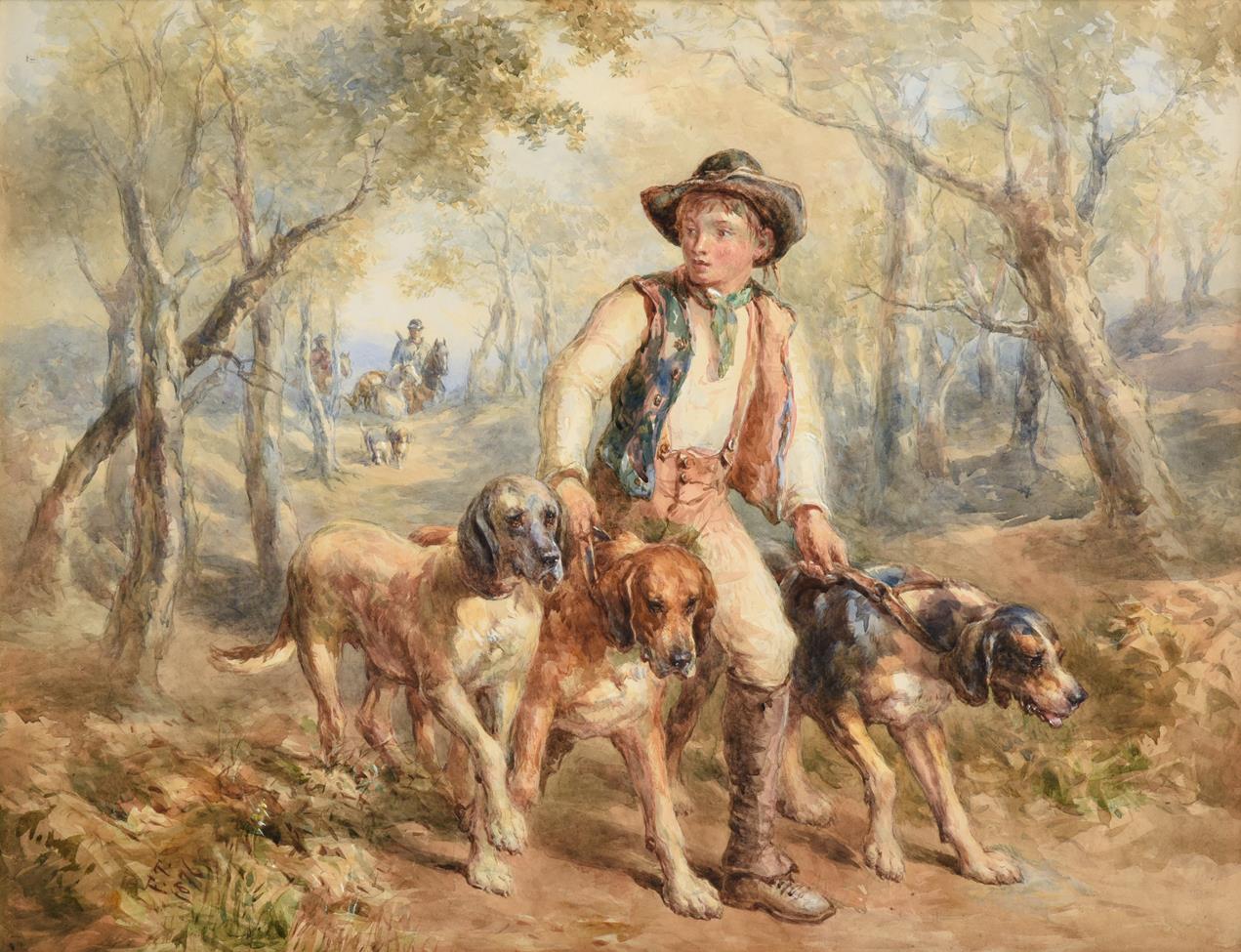 John Frederick Tayler PRWS (1802-1889) Young huntsman with trio of hounds and mounted huntsmen