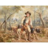 John Frederick Tayler PRWS (1802-1889) Young huntsman with trio of hounds and mounted huntsmen