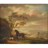 Circle of Sawrey Gilpin (1733-1807) Bay horse and Spaniel standing in an extensive Lakeland lanscape