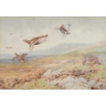 William Woodhouse (1857-1939) A covey of Grouse crossing the line Signed, watercolour, 25cm by