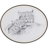 Alan M Hunt (b.1947) Study of two Tigers Pencil, 30.5cm dia. (oval) Provenance: Given as a gift by