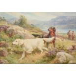 Basil Bradley RWS (1842-1904) Setters and sportsmen in a Highland landscape Signed, watercolour,