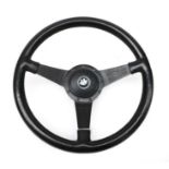 A BMW Moto Lita Black Leather Three-Spoke Steering Wheel, circa 1980, 40cm diameter