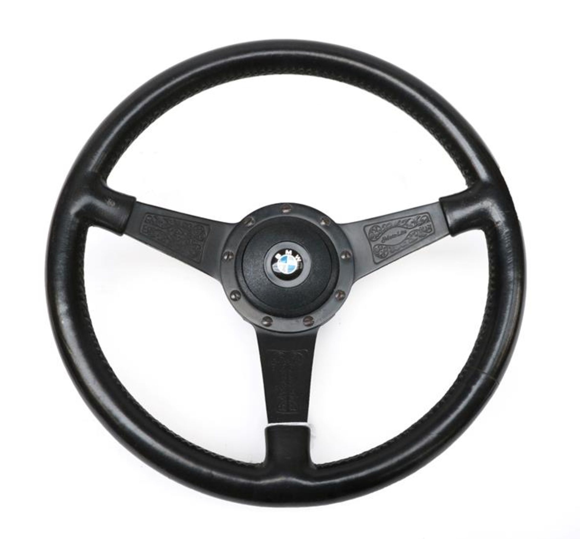 A BMW Moto Lita Black Leather Three-Spoke Steering Wheel, circa 1980, 40cm diameter