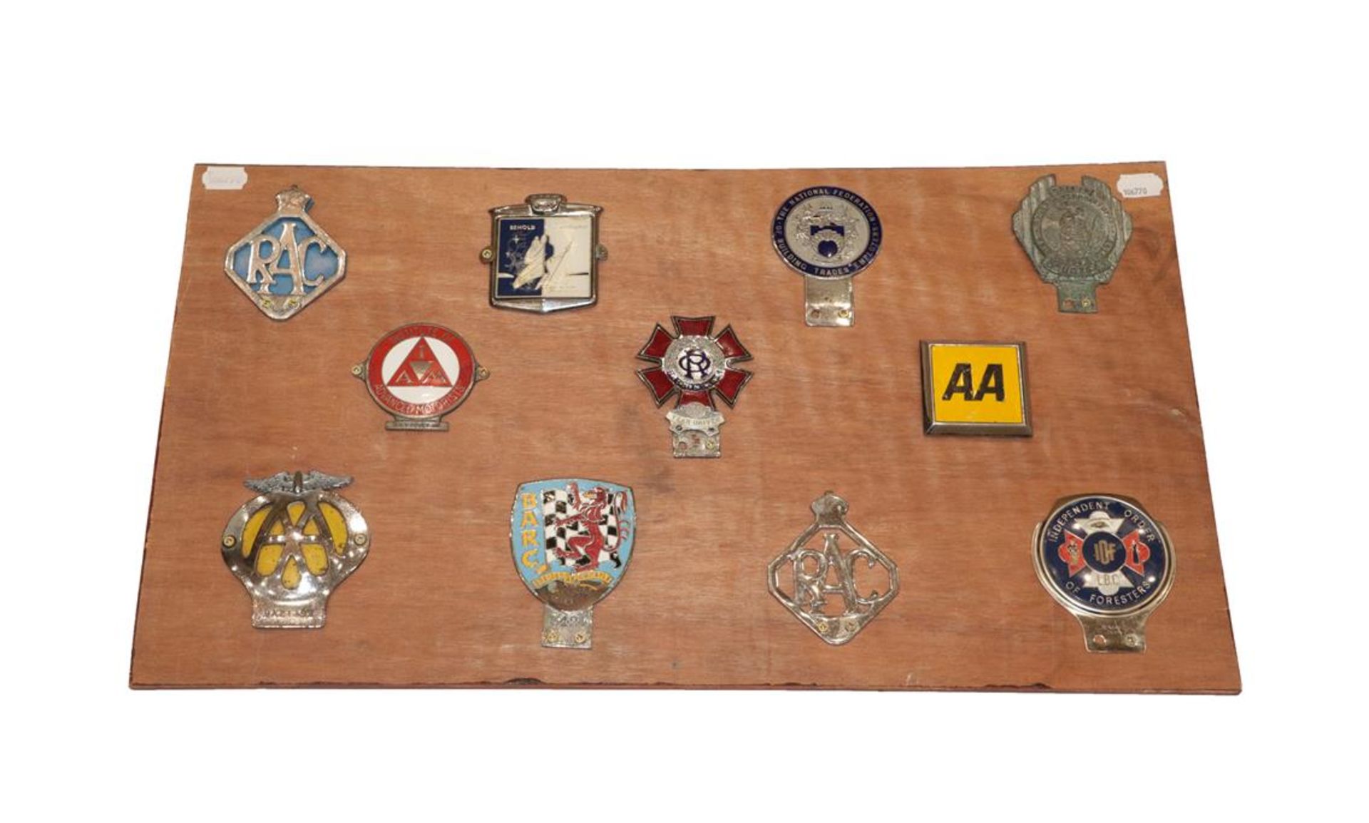 Ten Chromed Car Badges, including The Order of the Road, 38 Year Driver, Independent Order of
