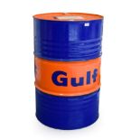 A Gulf 200 litre cylindrical oil drum, 89cm high