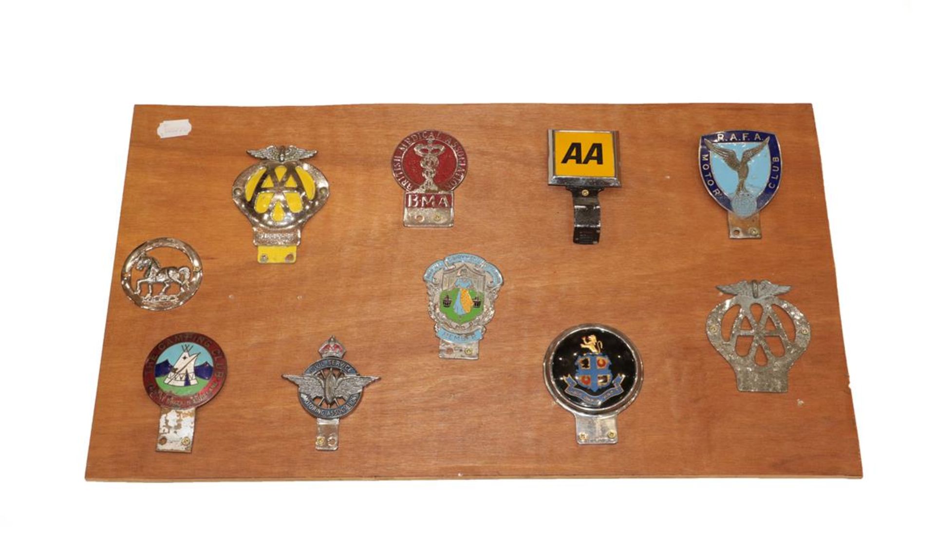 Ten Chromed Car Badges, including RAFA Association, National Dairymen's Association, Civil Service