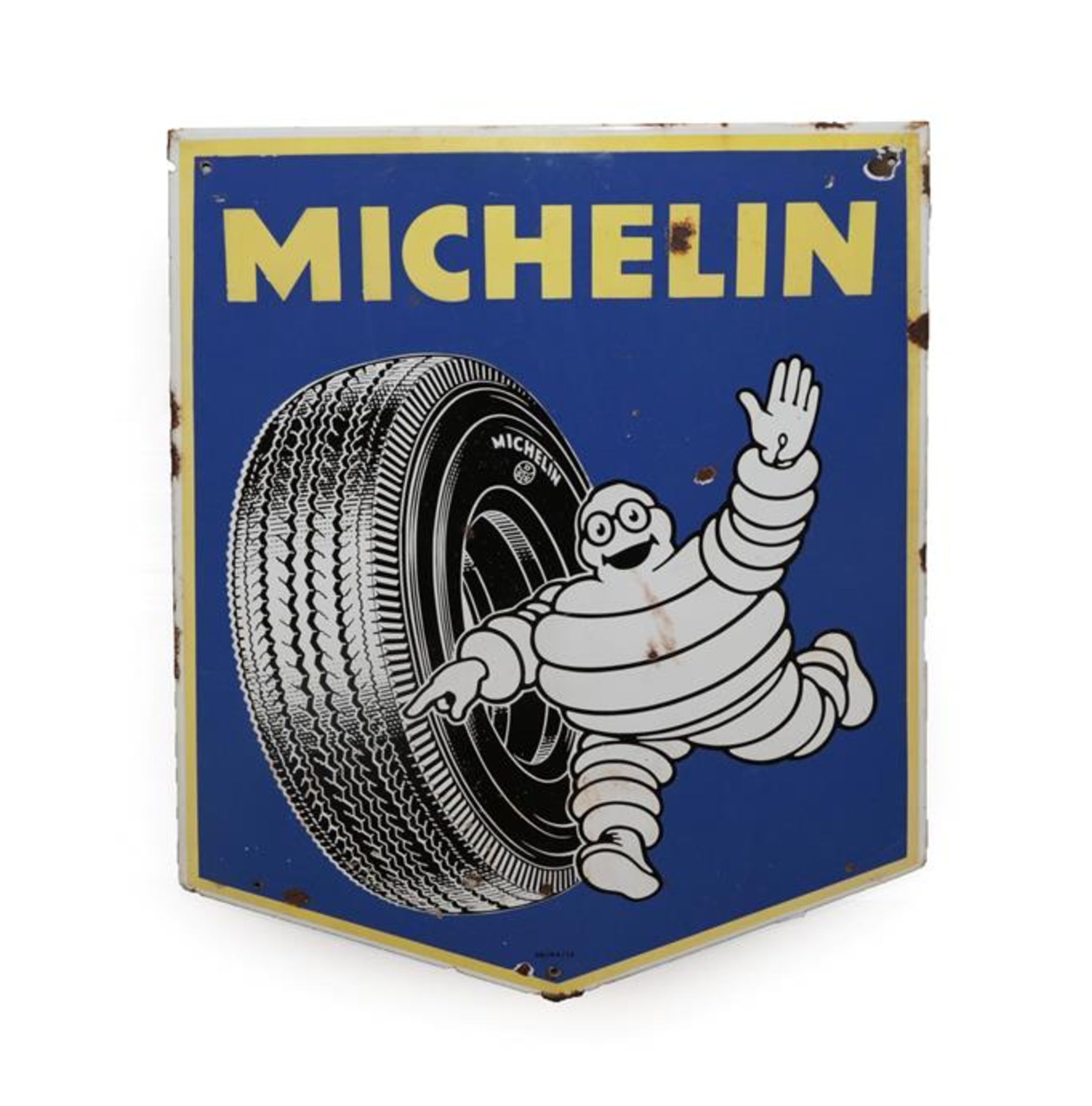 Michelin: A 1960's Single-Side Enamel Advertising Sign, depicting Mr Bibendum rolling a tyre,