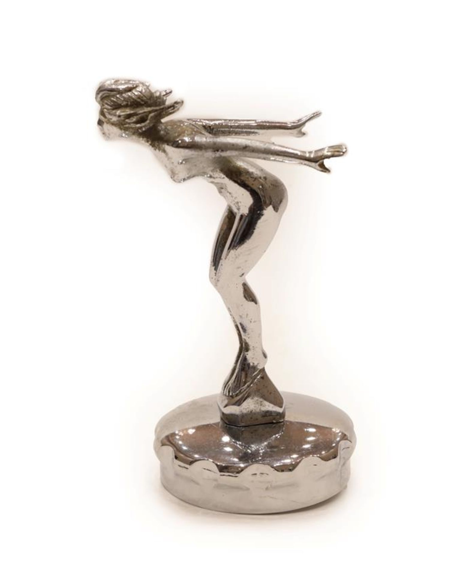 An Art Deco Chromed Car Mascot as a Nude Female in Diving Pose, mounted on a threaded radiator