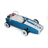 A 1960's Lotus Pedal Car, restored and repainted, with blue and white bodywork, metal body, steering