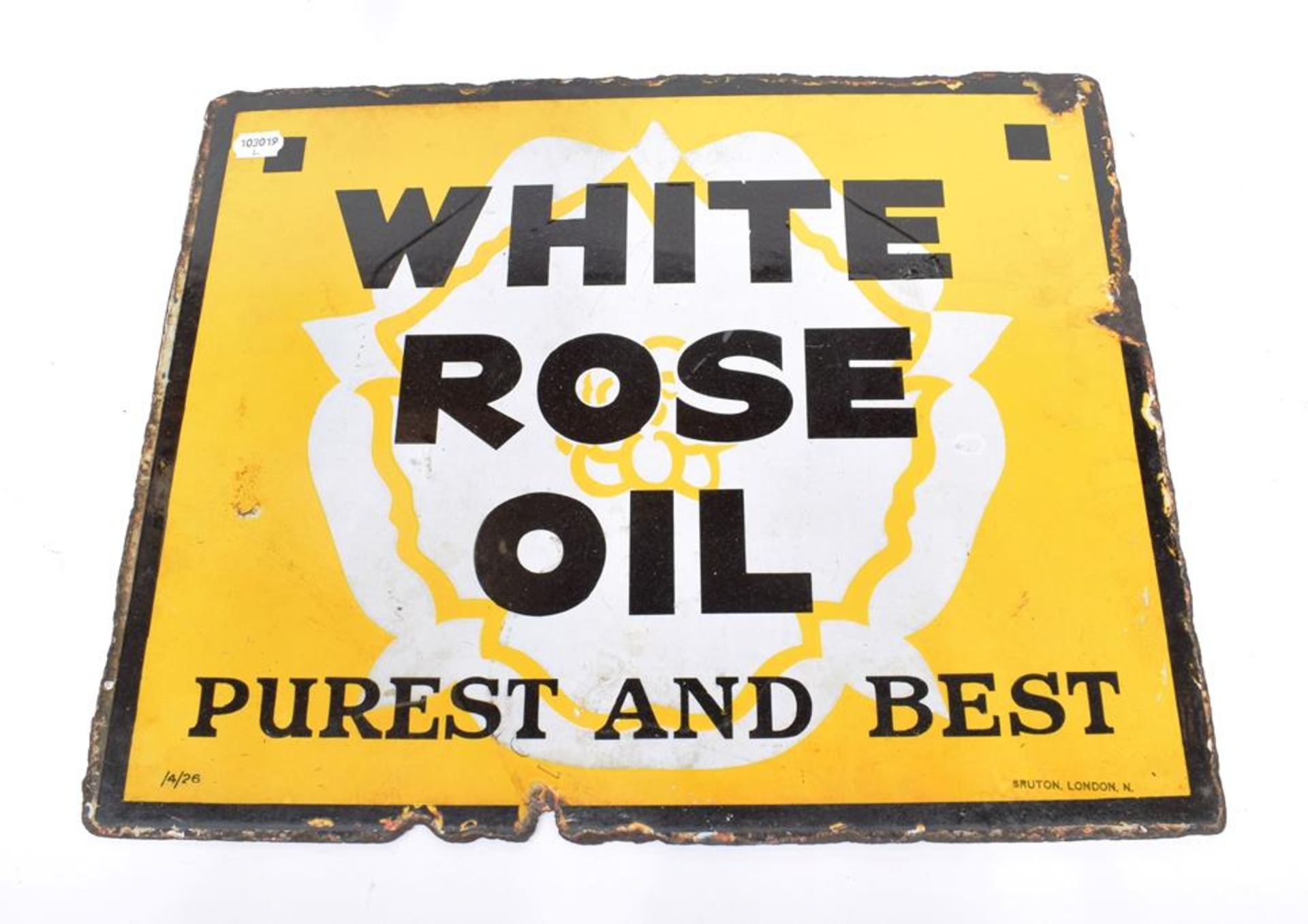 A Double-Side Enamel Advertising Sign, WHITE ROSE OIL PUREST AND BEST, stamped and numbered Bruton