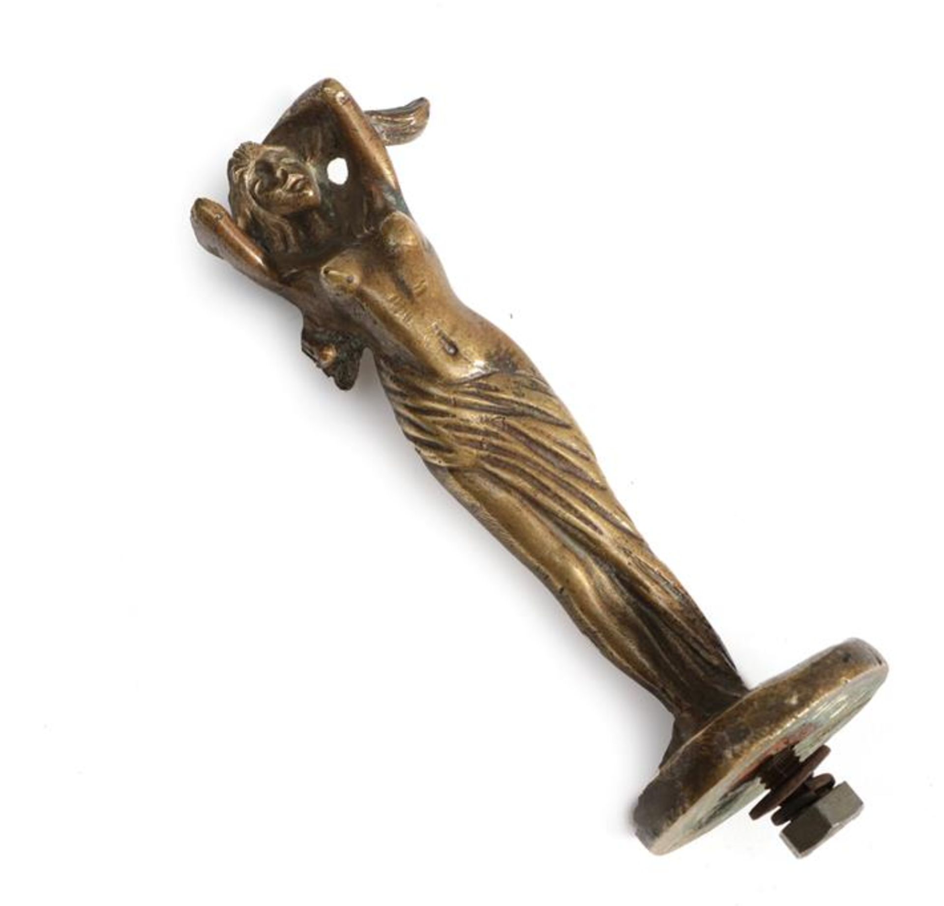 C Venee: An Early 20th Century French Brass Car Mascot as the Speed Siren, the nude female holding
