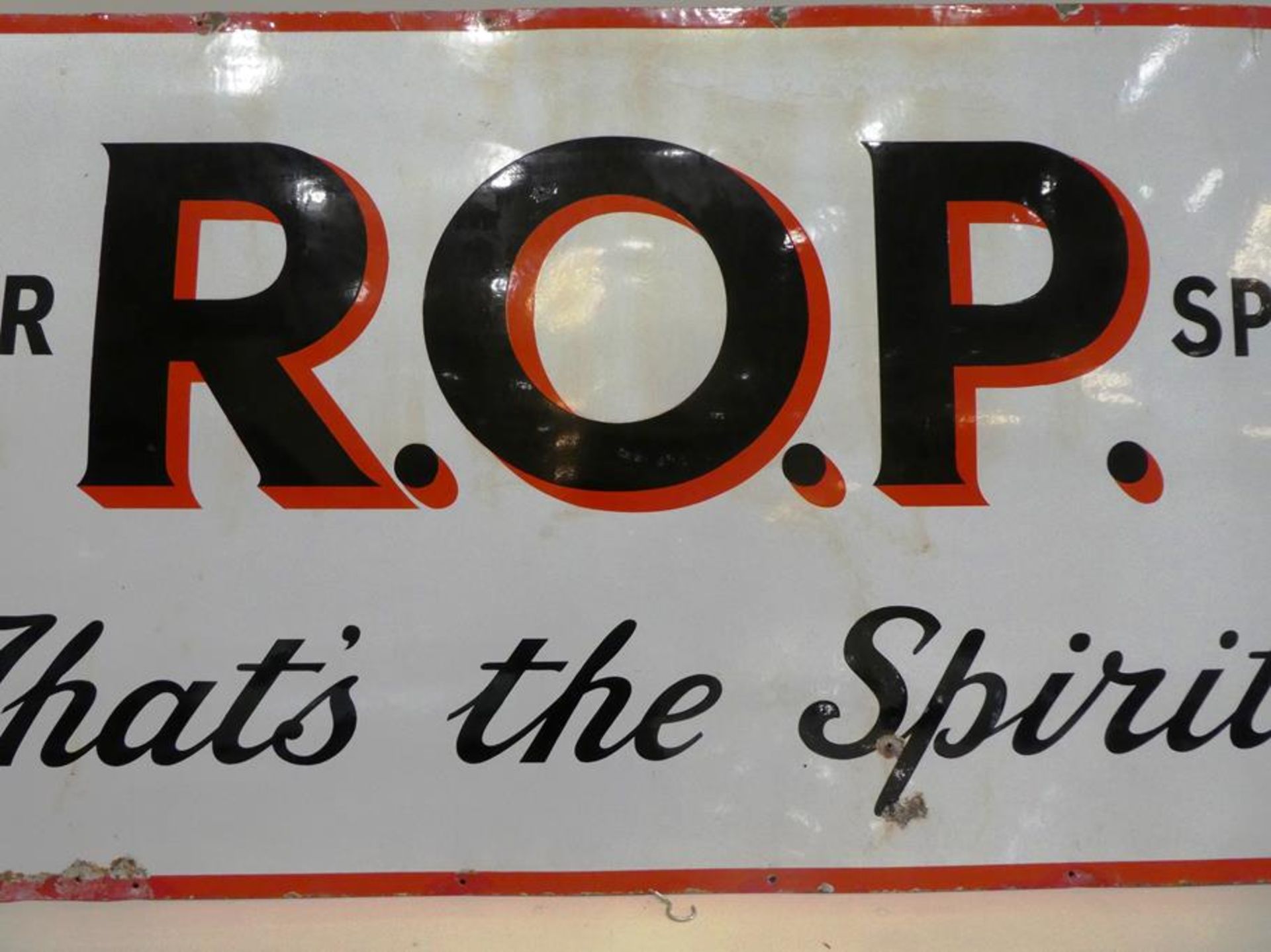 ROP Motor Spirit: A 1930's Singled-Sided Enamel Advertising Sign, 91cm by 182cm . No registration - Image 2 of 6