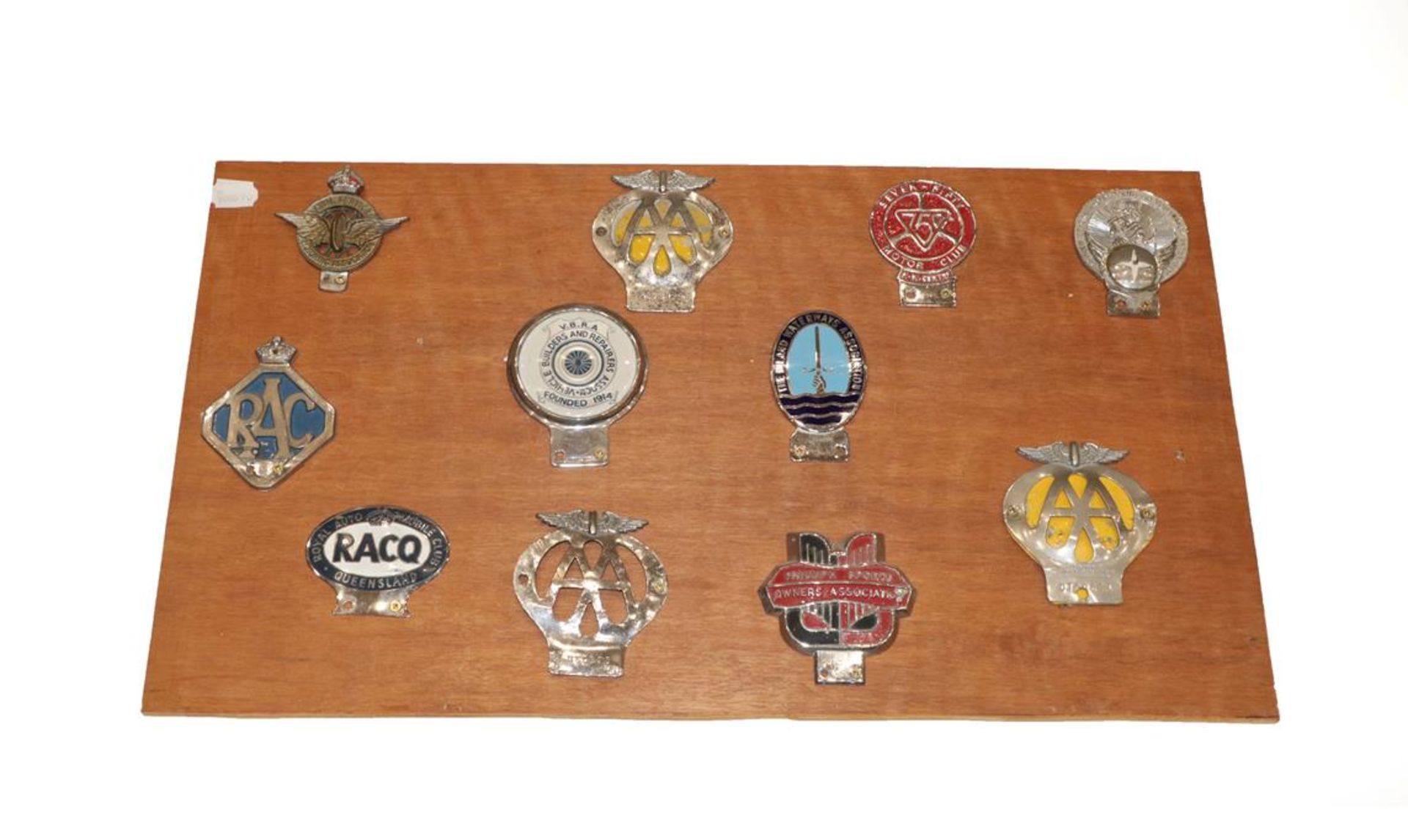 Ten Car Badges, including RAC, Queensland Australia, The Inland Waterways Association, 7-50 Motor