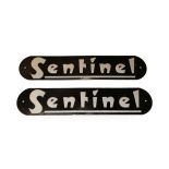 Two Pressed Aluminium Centinel Name Plates, with silver lettering on a black ground, 65cm by 14cm