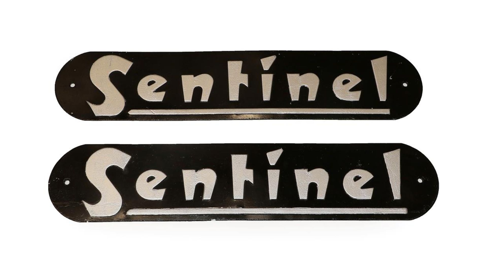 Two Pressed Aluminium Centinel Name Plates, with silver lettering on a black ground, 65cm by 14cm