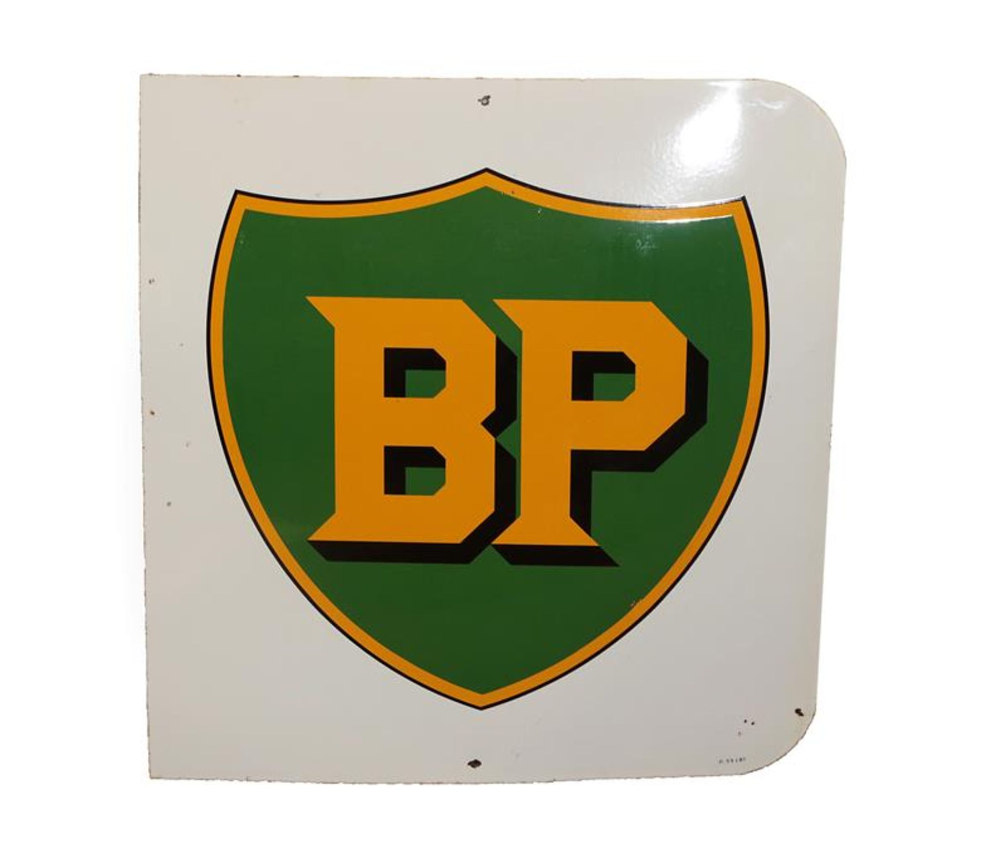BP: A Single-Sided Enamel Advertising Sign, with yellow lettering on a green cartouche, the corner