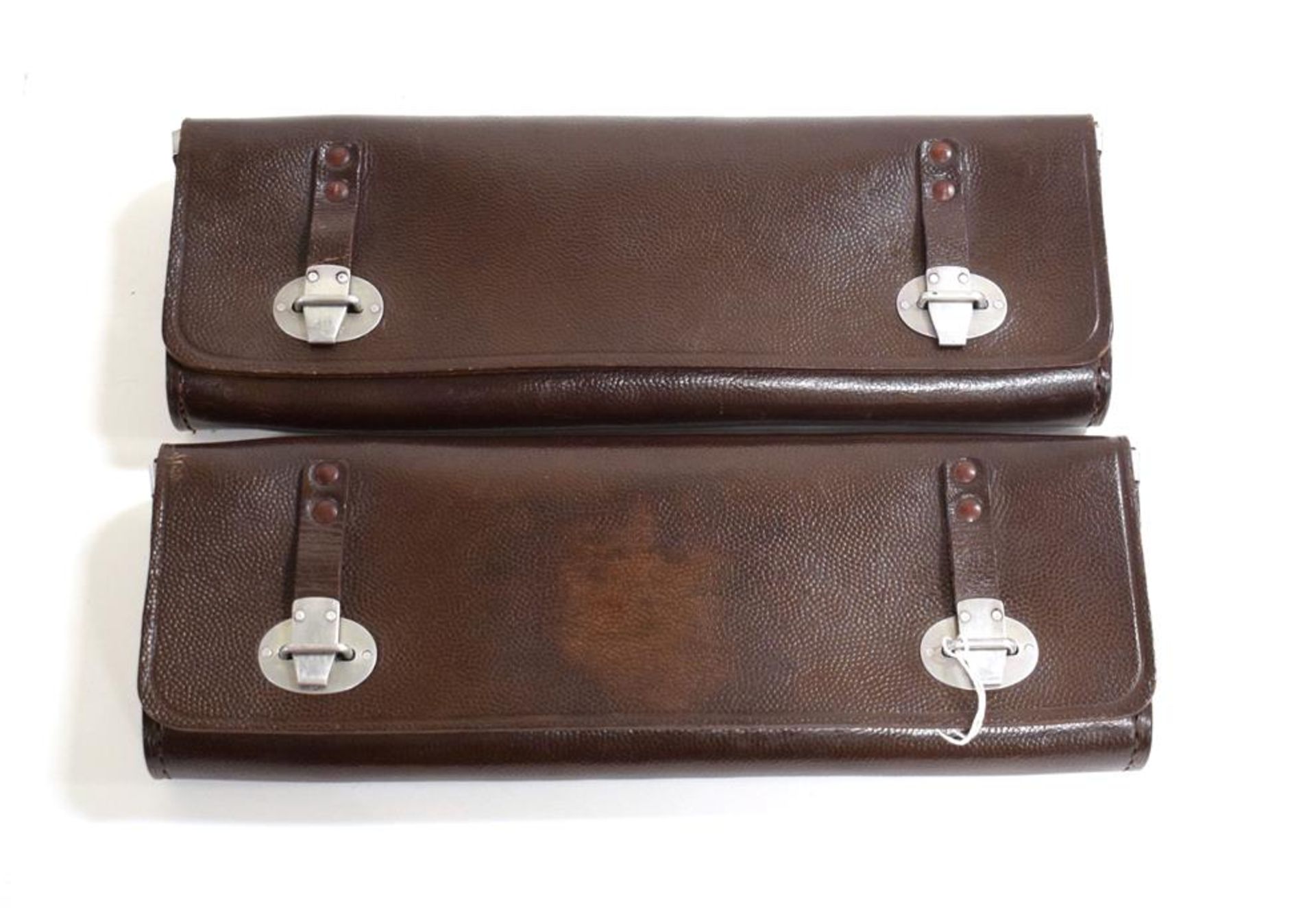 A Pair of Brown Leather Cases or Satchels for Vintage/Classic Motorcycles, 32cm wide. It is a flap