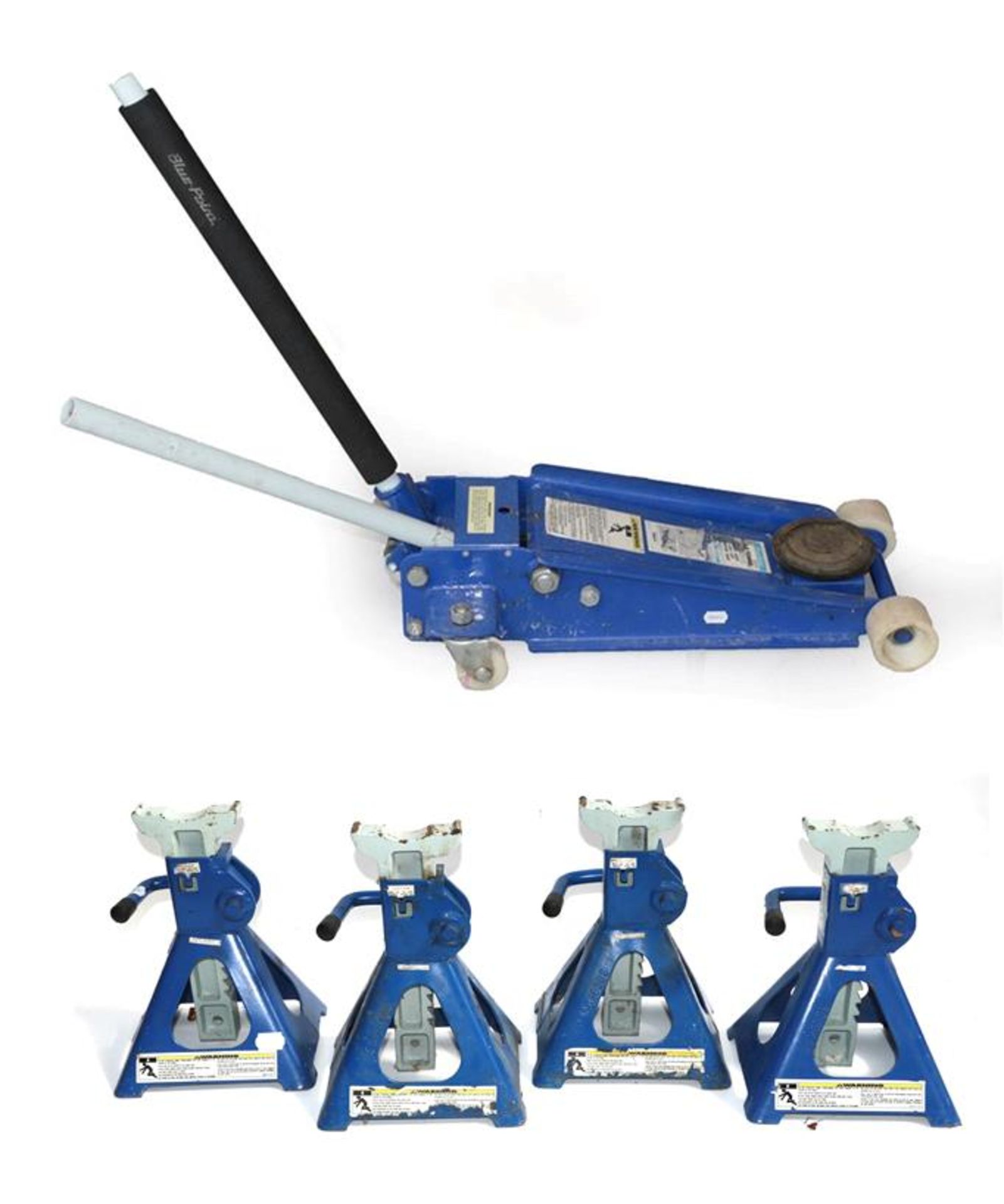 A Set of Four Blue-Point 3 Ton Car Axle Stands; and A Blue-Point 3 Ton Heavy Duty Service Jack, with