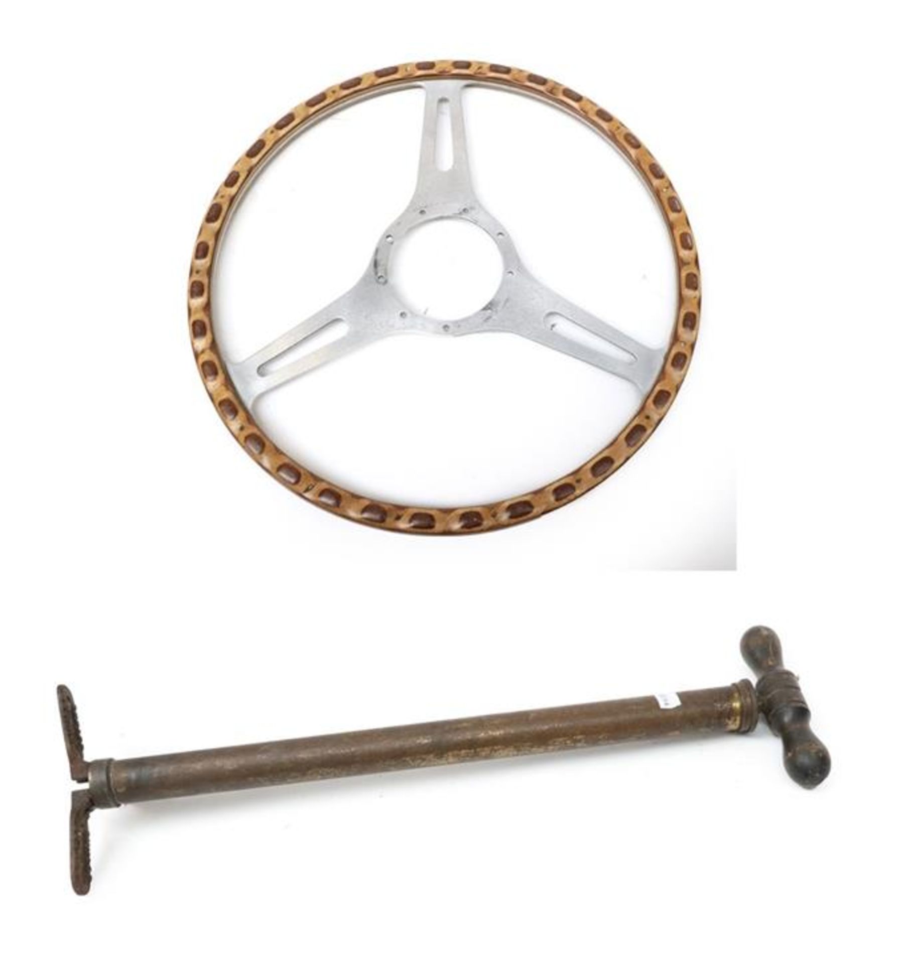 A 1950/60 Wood Rim and Rivetted Three-Spoke Steering Wheel, 40cm diameter; and An Early 20th Century