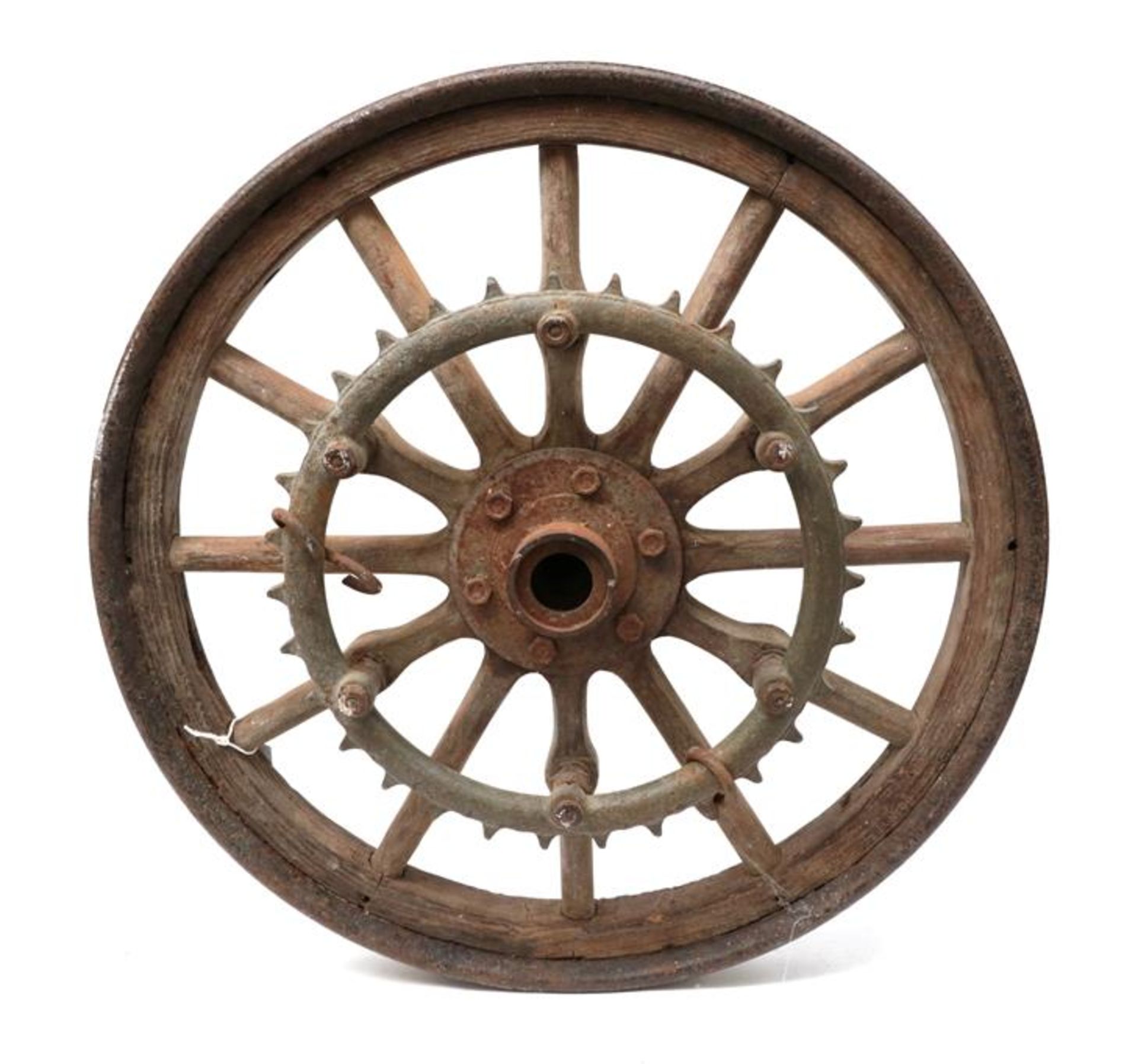 Delahaye Interest: A Twelve-Spoke Wheel, from a 1906 motor car, with brass wheel hub stamped EM