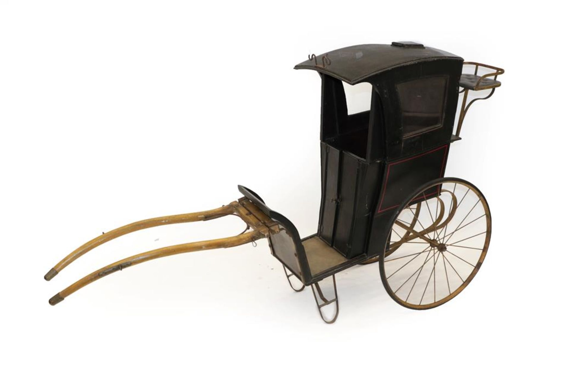 A Late Victorian Child's Two-Wheel Cart, as a hansom cab, with black and red painted coachwork,