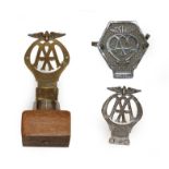 A Vintage Brass AA Badge Stamped 27422R, mounted on a wooden base, 12cm high; and Two Vintage Chrome