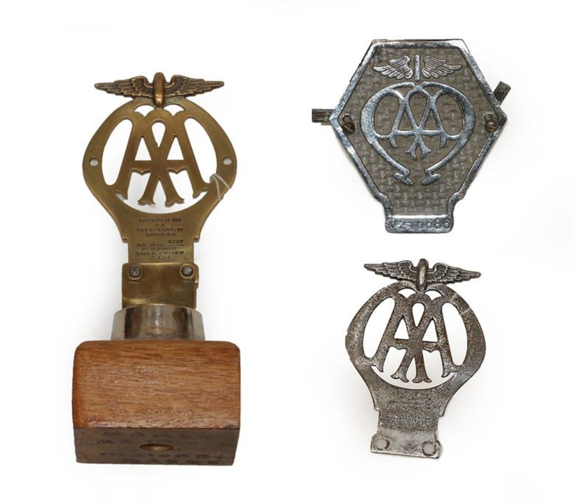A Vintage Brass AA Badge Stamped 27422R, mounted on a wooden base, 12cm high; and Two Vintage Chrome