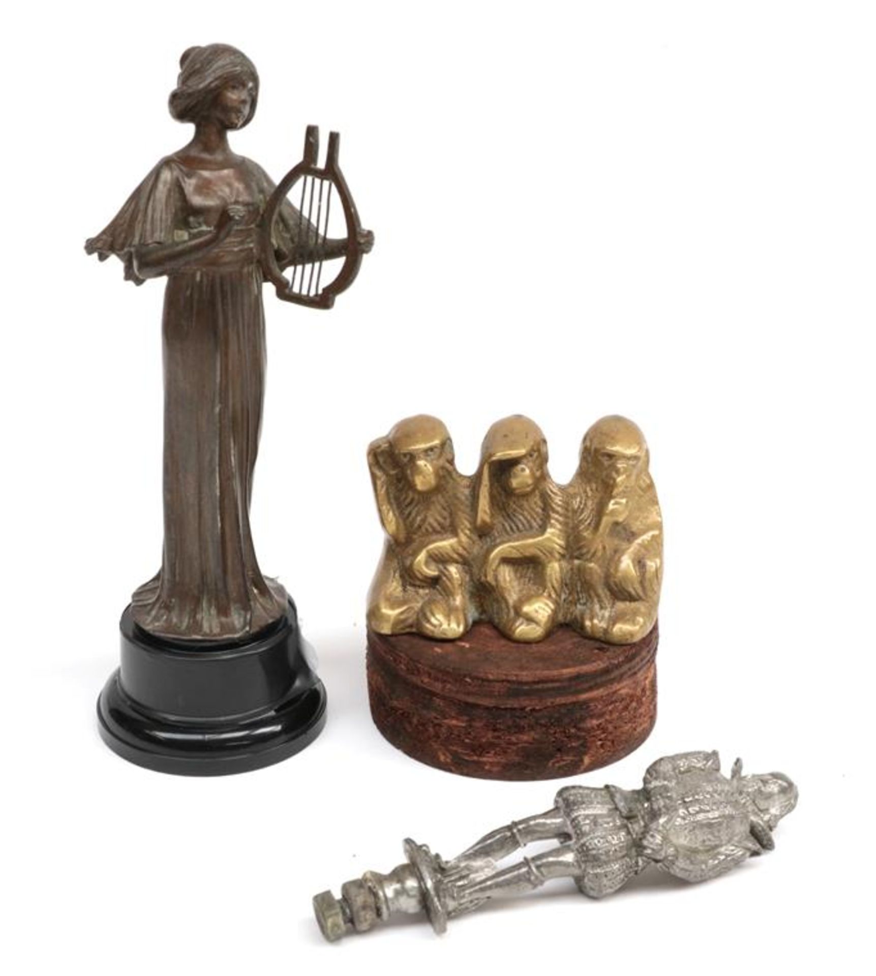 An Early 20th Century Brass Accessory Car Mascot as The Three Wise Monkeys, See No Evil, Speak No