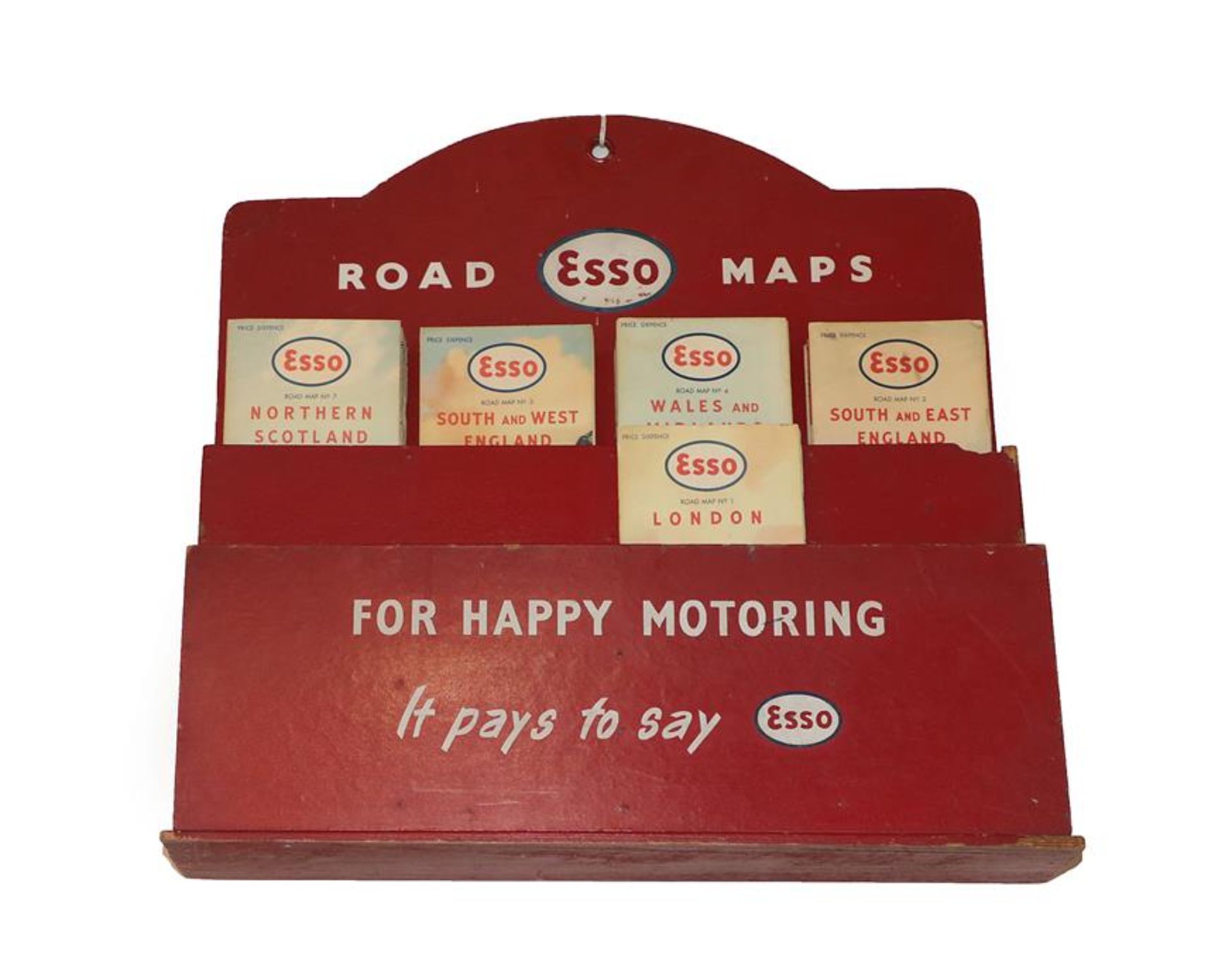 A 1950's Esso Counter-Top Road Map Folder, with painted white lettering FOR HAPPY MOTORING IT PAYS