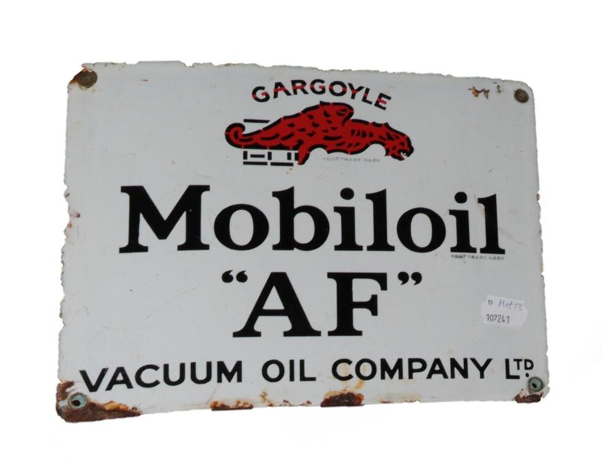 Gargoyle Mobiloil AF: A Single-Sided Enamel Advertising Sign, bearing registration trademark, 23cm