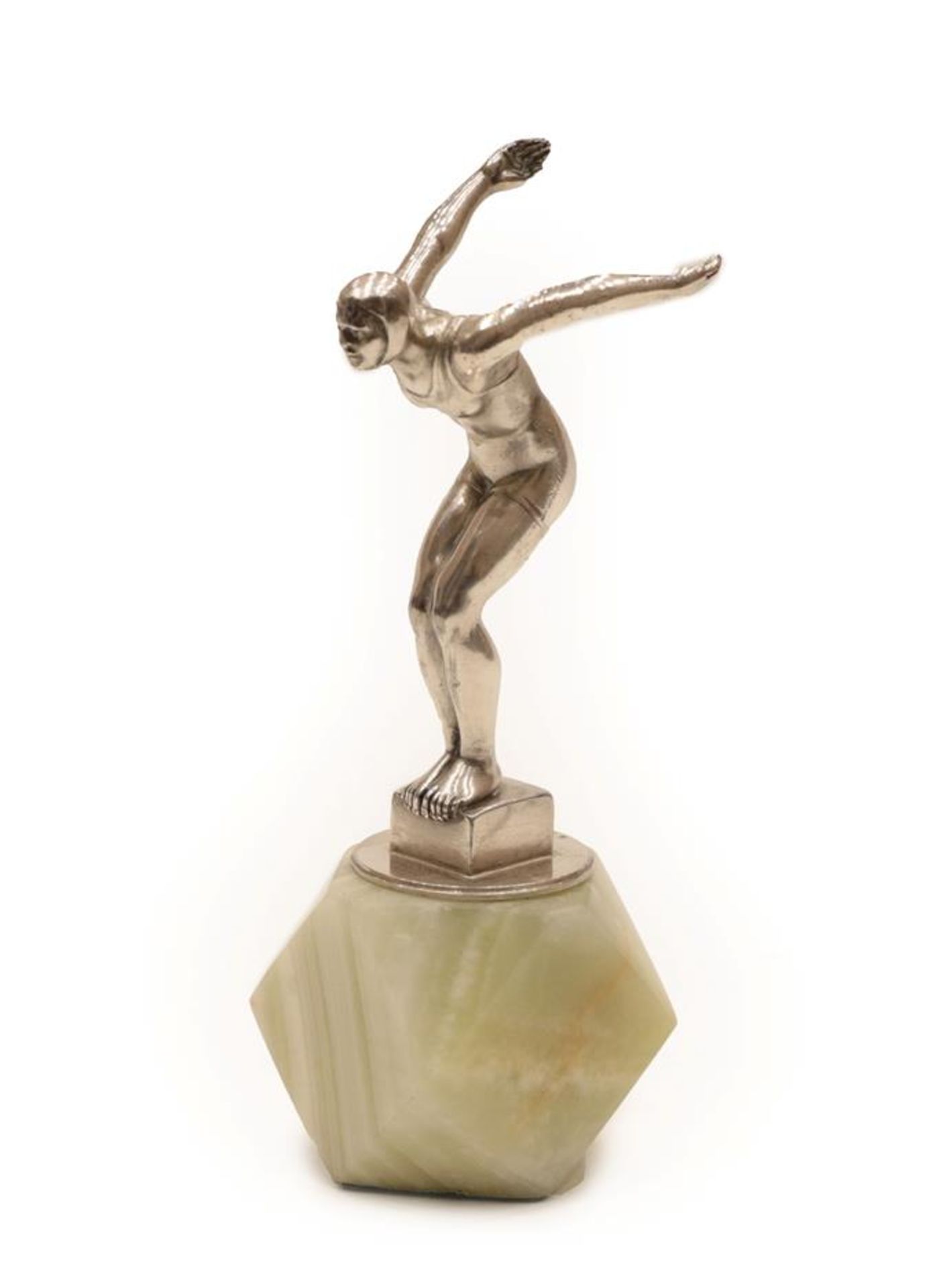 A 1920/30 Nickel Plated Car Mascot as a Female Swimmer in Diving Pose, standing upon a square