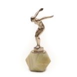 A 1920/30 Nickel Plated Car Mascot as a Female Swimmer in Diving Pose, standing upon a square