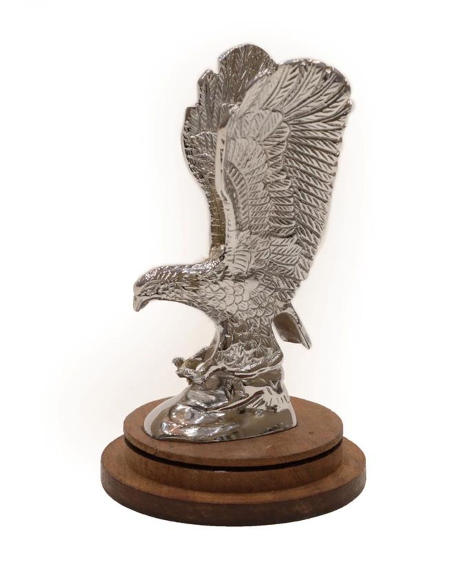 Alvis: A 1930's Chrome Plated Car Mascot as an Eagle, mounted on a circular wooden base, 15cm high
