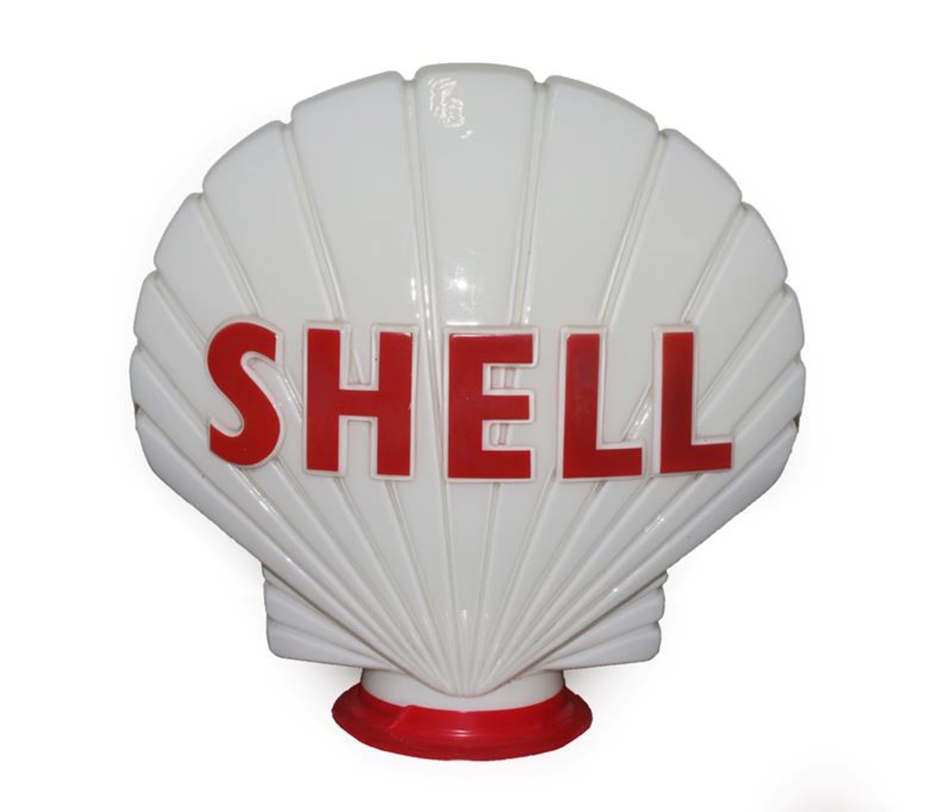 A Shell Opaque Glass Petrol Pump Globe, with red lettering, the neck stamped Property of Shell-Mex