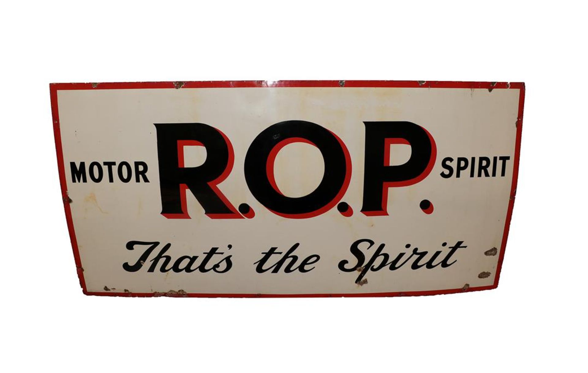 ROP Motor Spirit: A 1930's Singled-Sided Enamel Advertising Sign, 91cm by 182cm . No registration